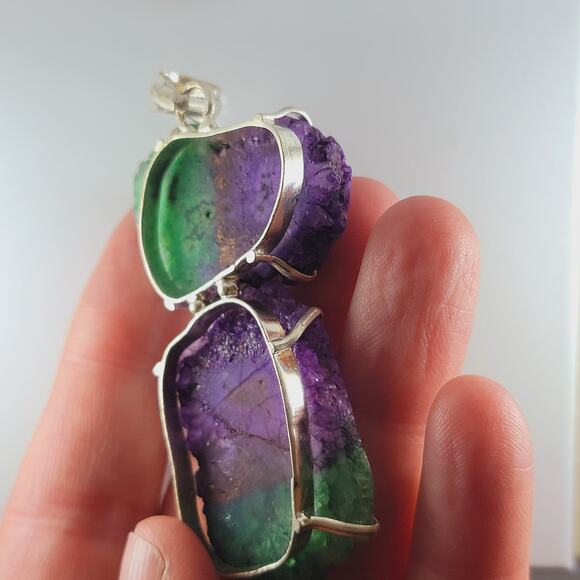 Titanium Druzy Pendant Sterling Silver Green Purple Crystal Slice 3" - Picture 5 of 10